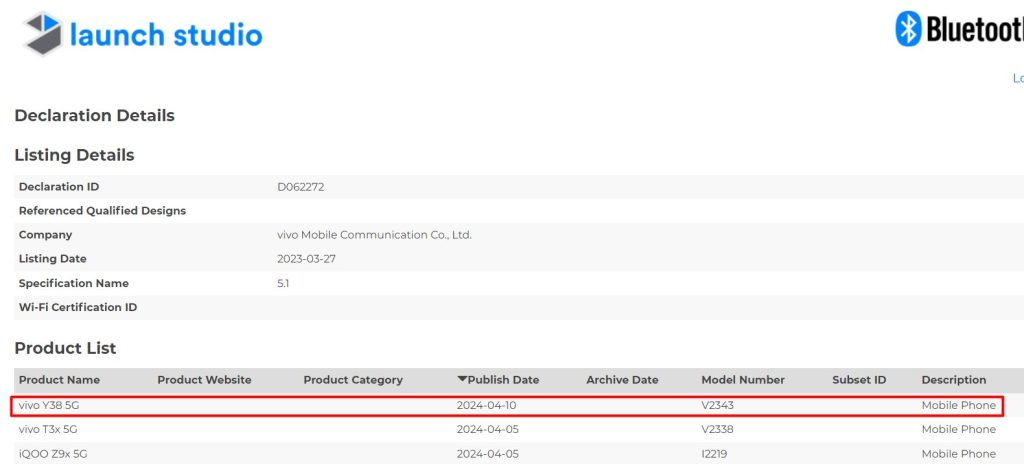 Vivo Y38 5G bluetooth SIG