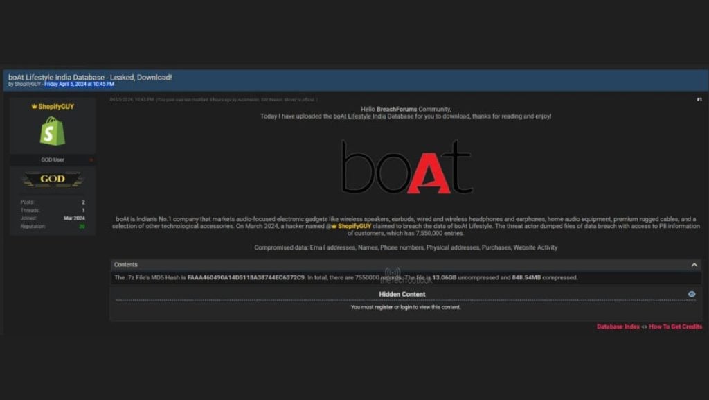 boAt India data breach 7.5 million customers