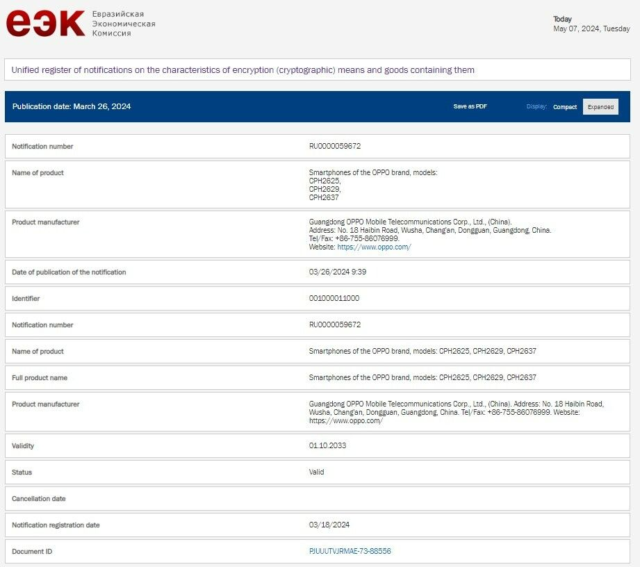 Oppo Reno 12 Pro 5G EEC