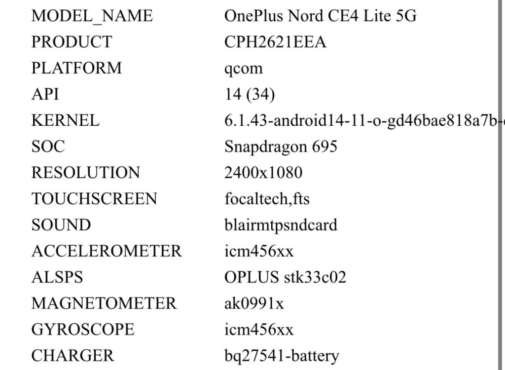 Oneplus Nord CE4 Lite spec sheet