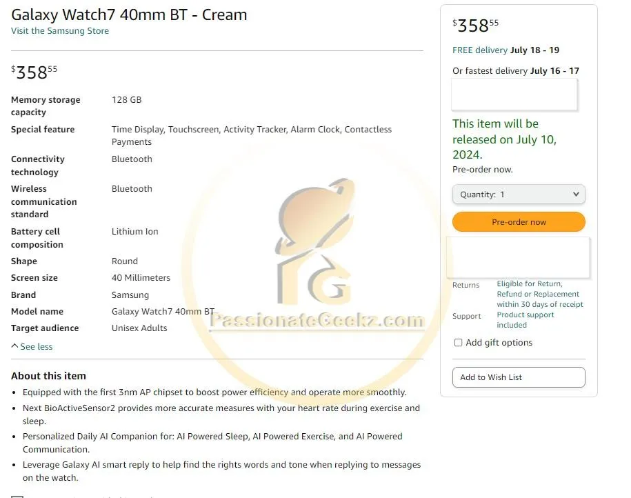 Galaxy Watch 7 40mm Amazon listing