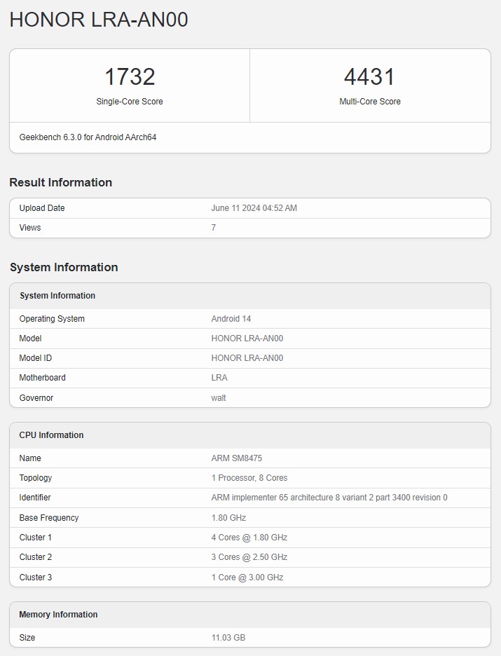 Honor Magic V Flip Geekbench-