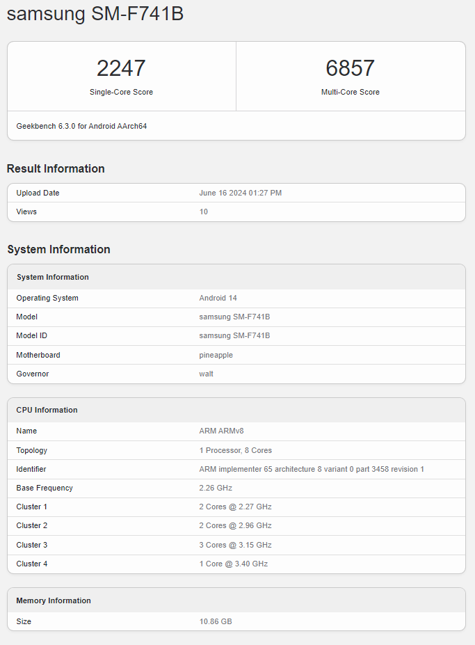 Samsung Galaxy Z Flip 6 Geekbench