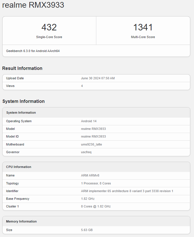 Realme Note 60 Geekbench