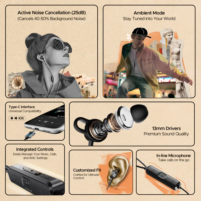 Boat Bassheads 122 ANC wired earbuds with USBC connector & 25 dB noise