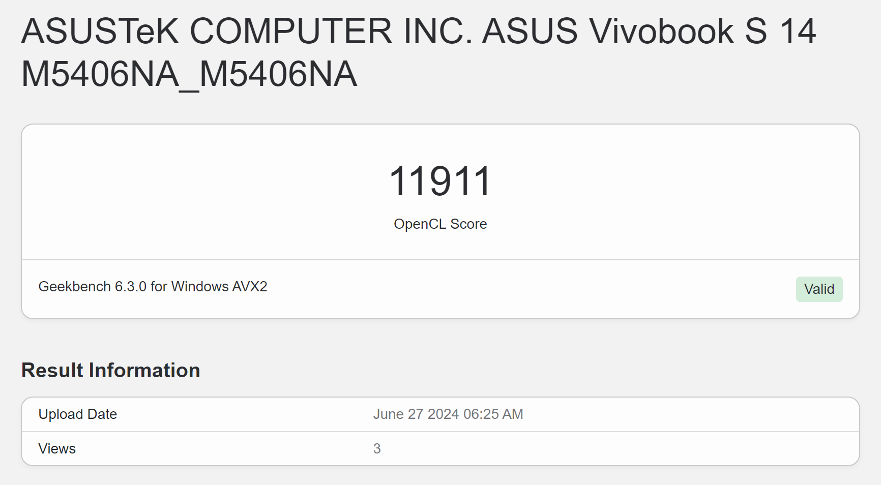 Asus Vivobook S 14 (M5406) Geekbench GPU OpenCL