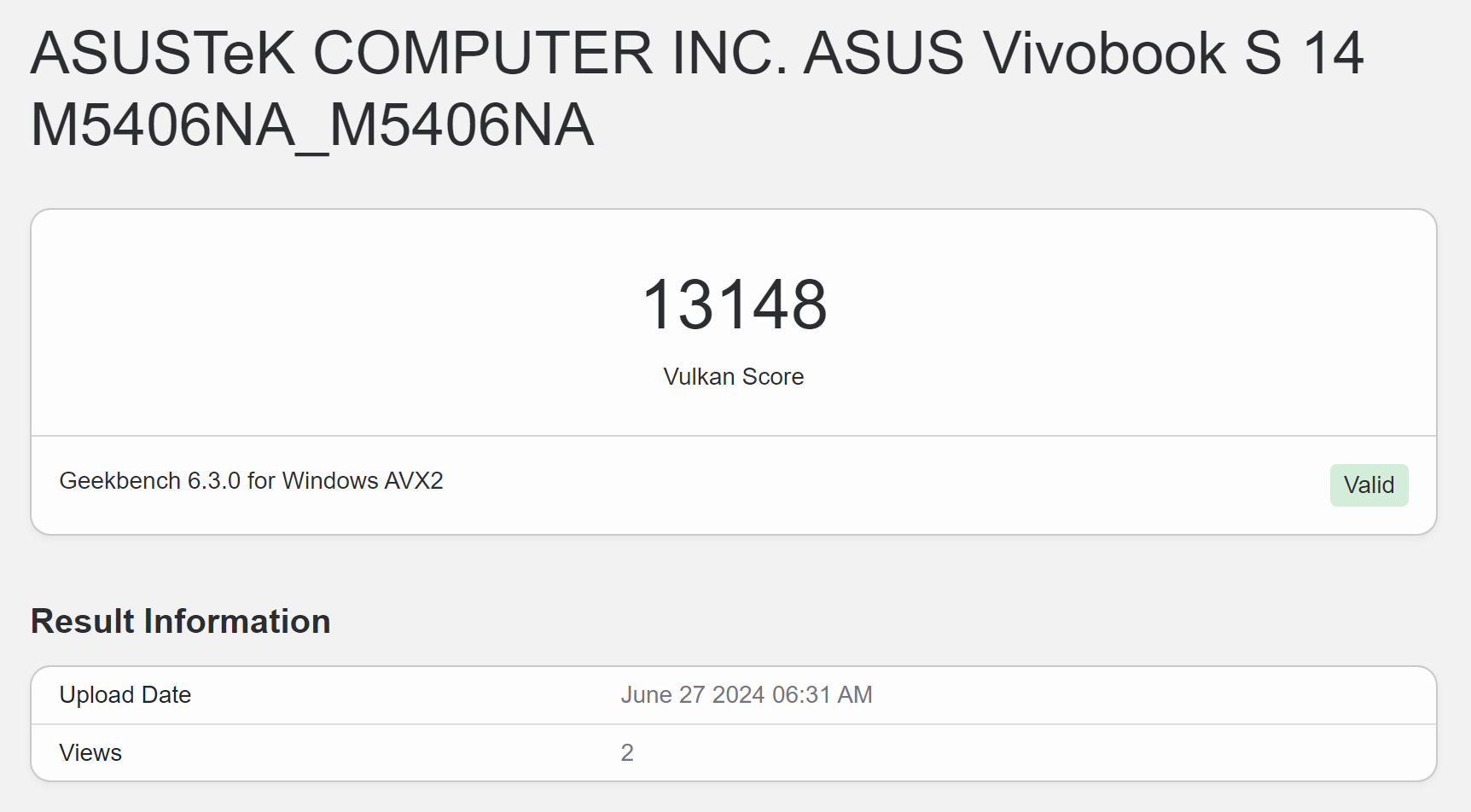 Asus Vivobook S 14 (M5406) Geekbench GPU Vulkan