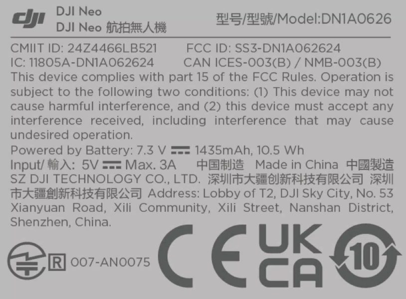DJI Neo FCC listing