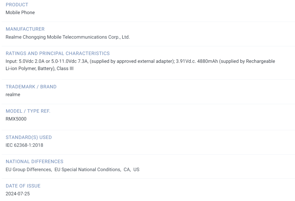 Realme 13+ 5G TUV Rheinland Japan listing