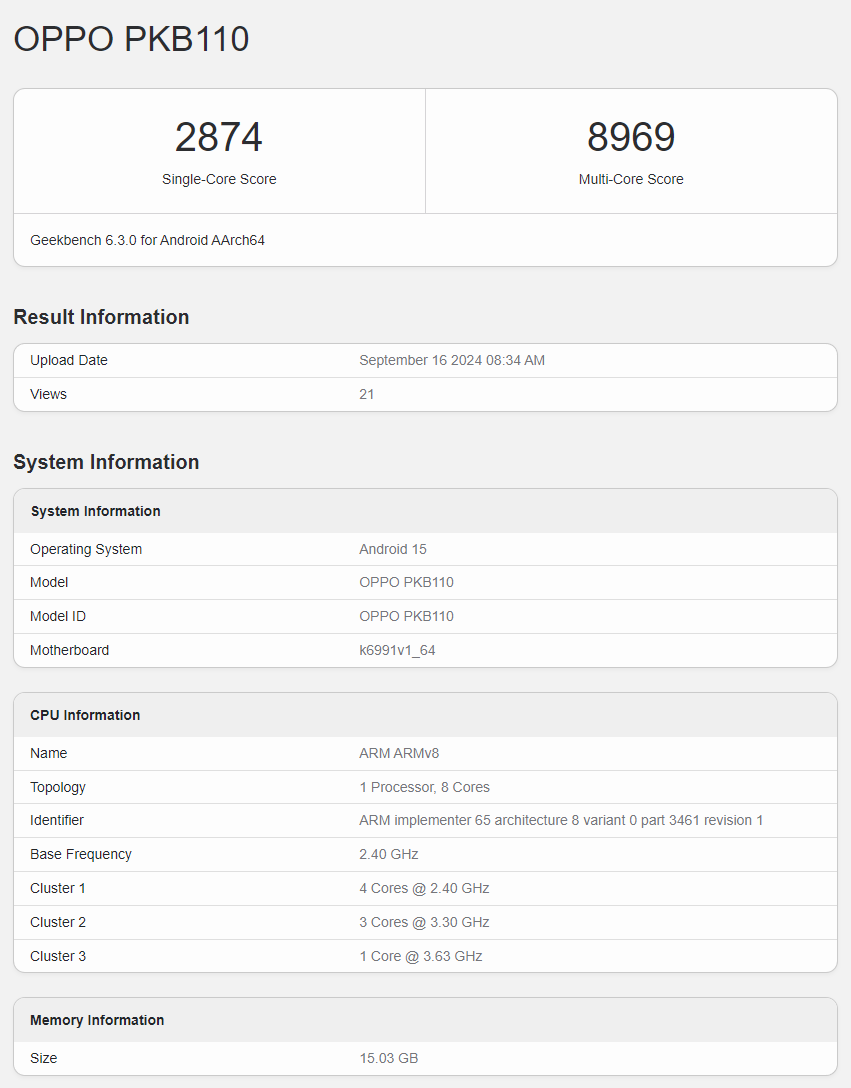 Oppo Find X8 Geekbench