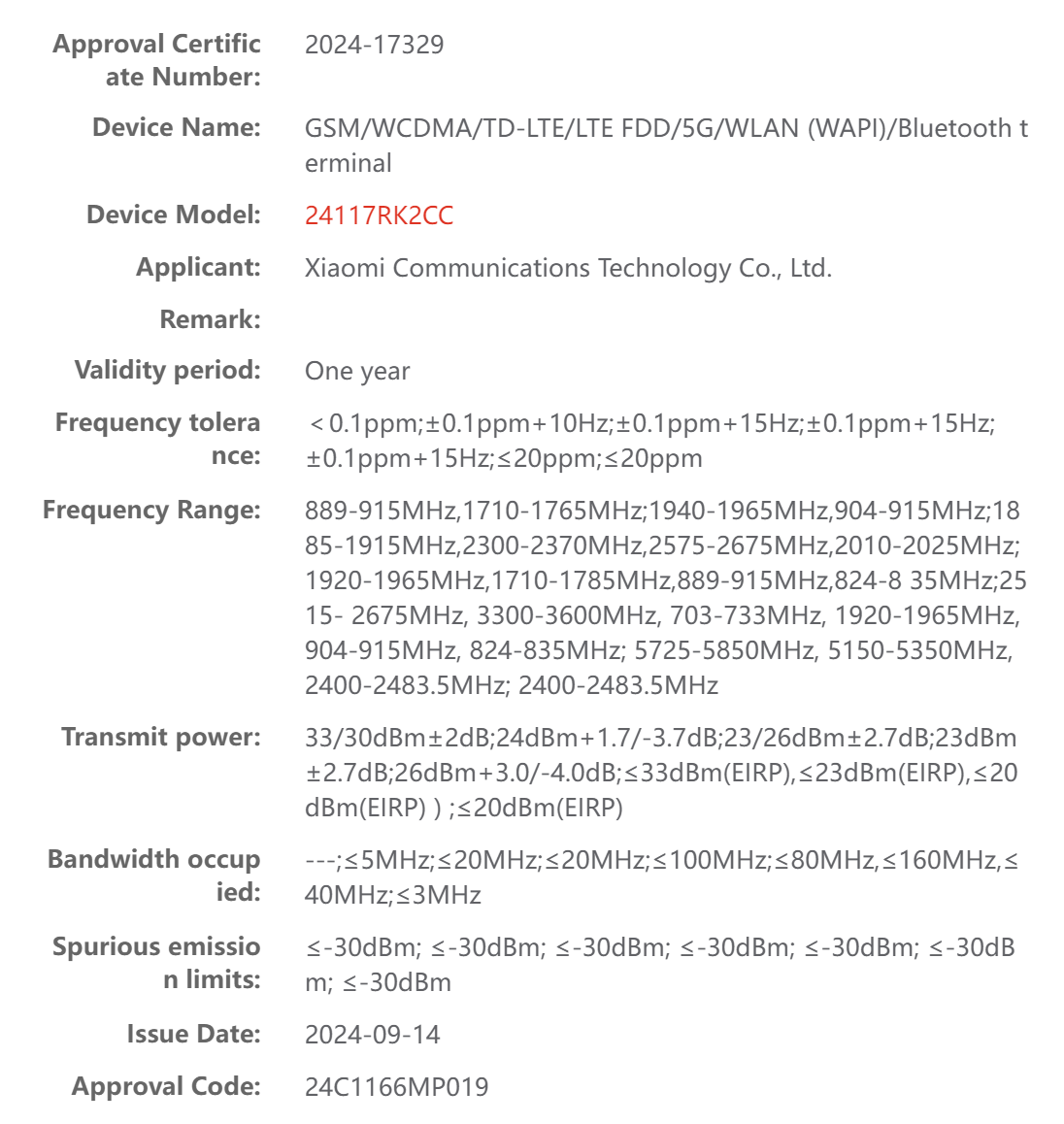Redmi K80 Pro radio certified