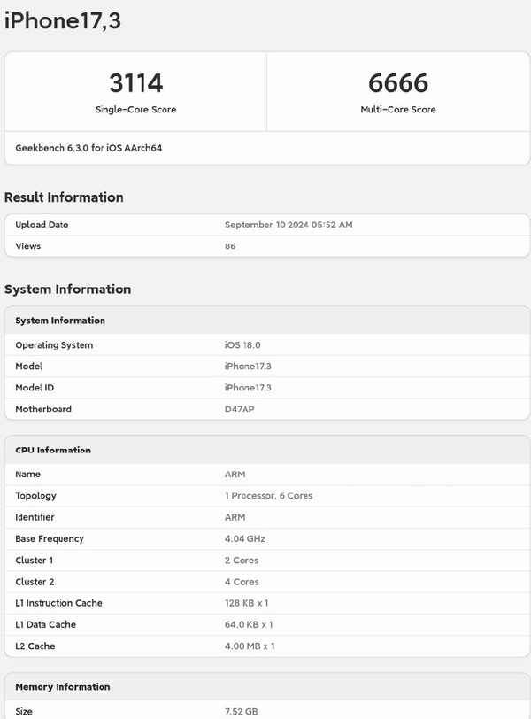 iPhone 16 Geekbench