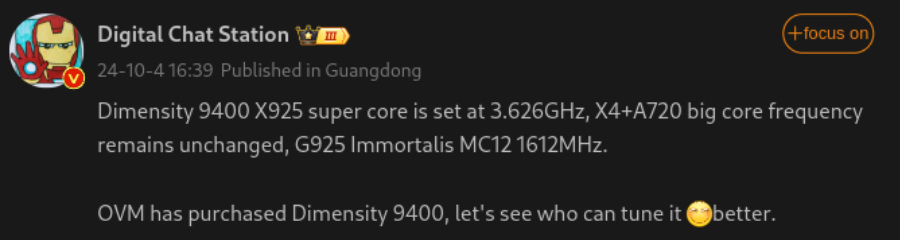 Dimensity 9400 core configuration leaks