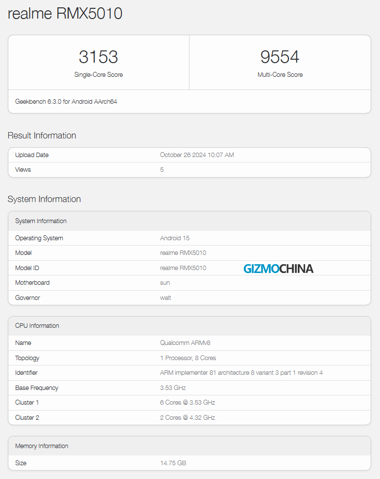 Realme GT 7 Pro Geekbench