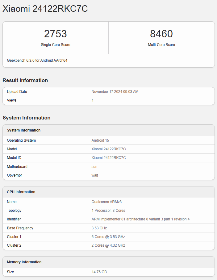 Redmi K80 Pro Geekbench listing