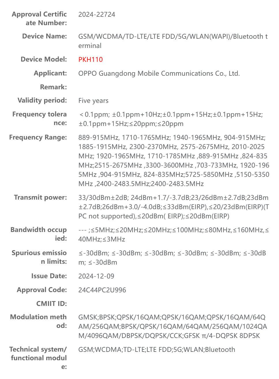 Oppo Find N5 (PKH110) radio certification