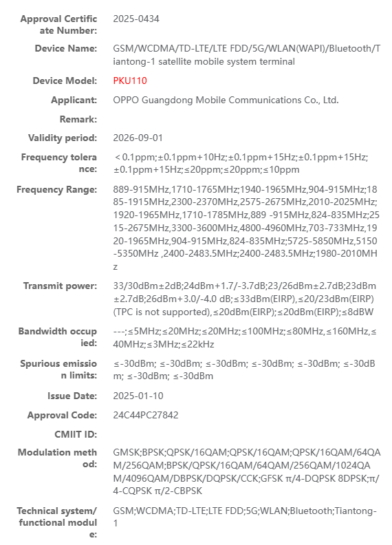 Oppo PKU110- Find X8 Ultra Satellite Communication Version