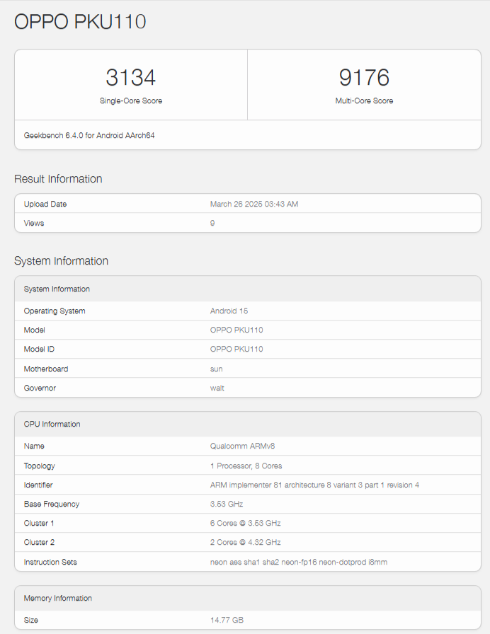 Oppo Find X8 Ultra Satellite Communication Version (PKU110) Geekbench
