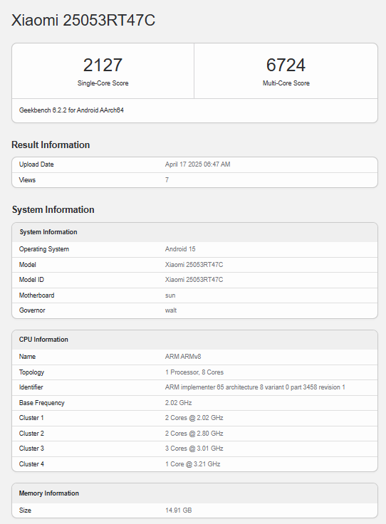 Redmi Turbo 4 Pro Geekbench