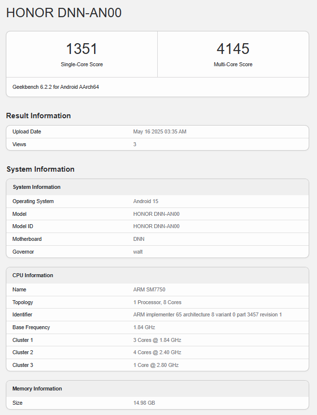 Honor 400 Geekbench