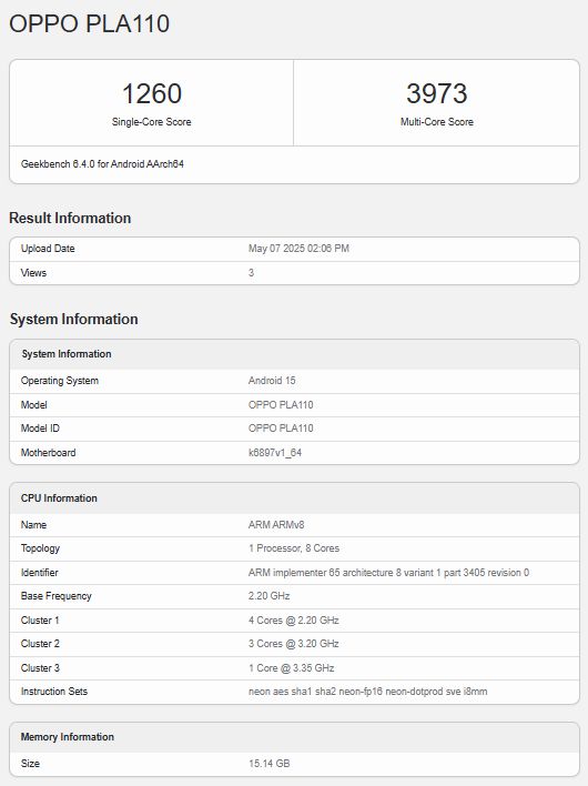 Oppo Reno 14 Geekbench