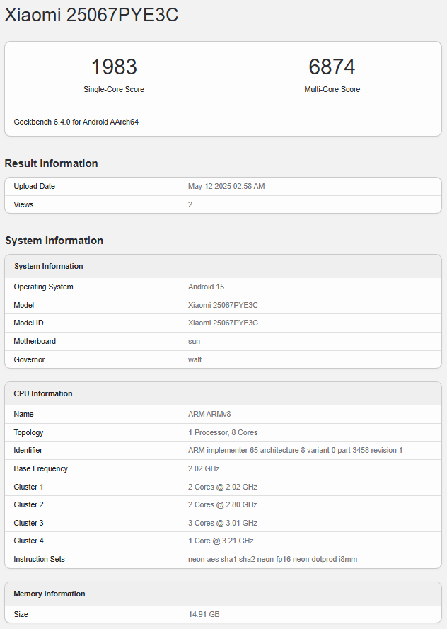 Xiaomi Civi 5 Pro Geekbench