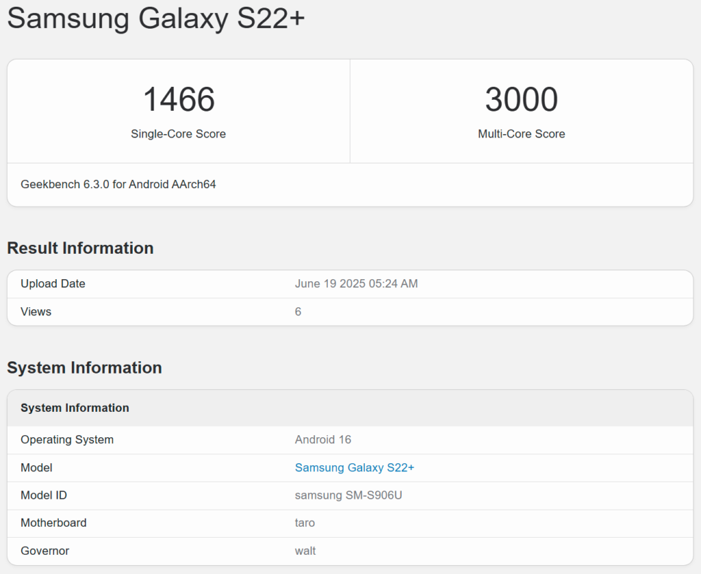 Galaxy S22 Plus One UI 8 benchmark