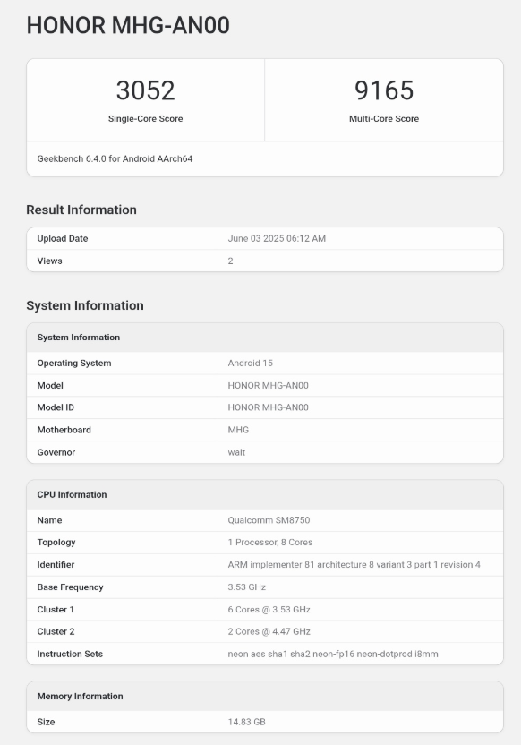Honor Magic V5 Geekbench
