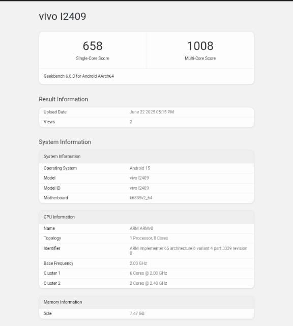 IQOO Z10 लाइट 5G Geekbench