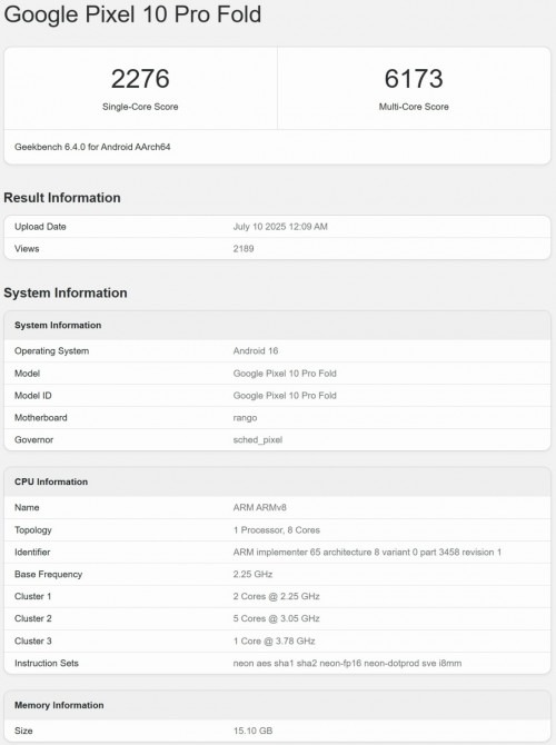 Google Pixel 10 Pro Fold Geekbench