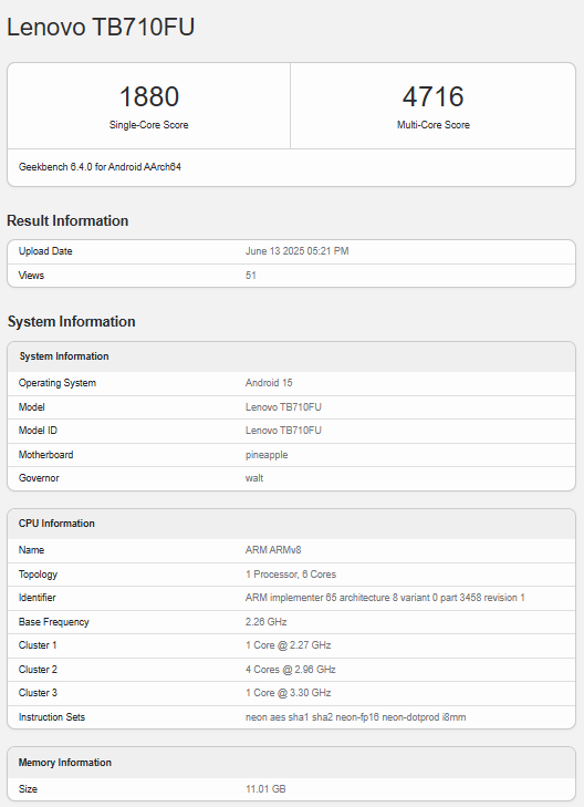 Lenovo TB710FU tablet Geekbench-