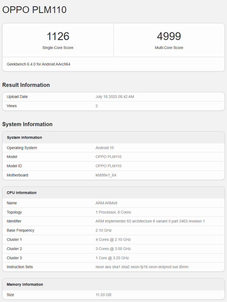Oppo K13 Turbo Geekbench listing