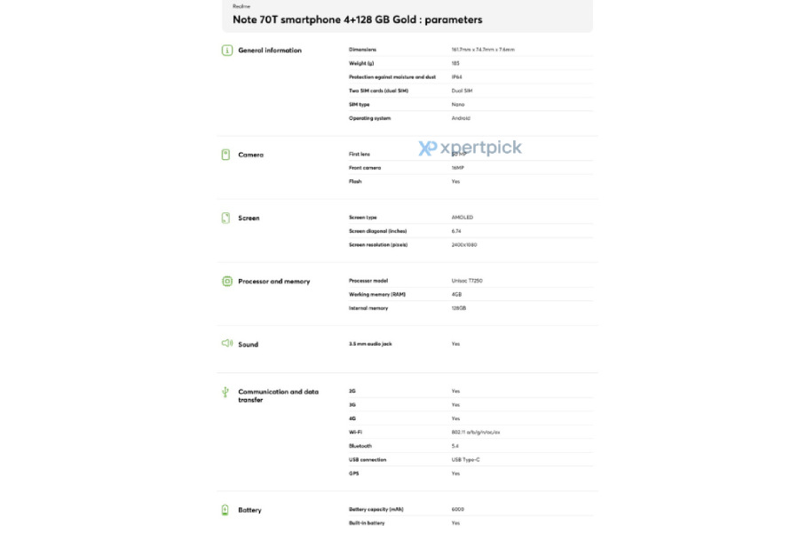 Realme note 70T Specs