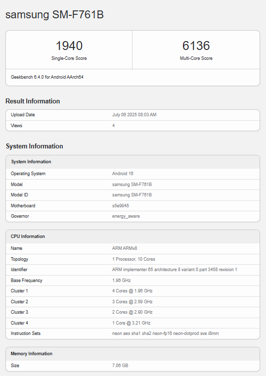 Samsung Galaxy Z Flip 7 FE muncul di Geekbench