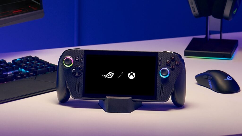 Console portátil ASUS ROG Xbox Ally X em destaque, mostrando o design do dispositivo com controles analógicos e tela central.