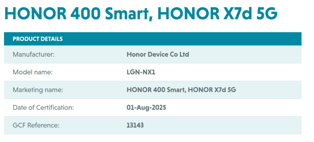 Honor 400 Smart, Honor X7d GCF listing