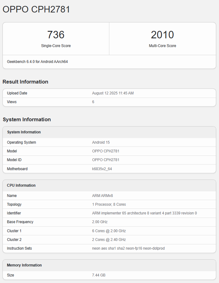 Lista do Oppo A6 Pro 5G no Geekbench