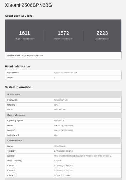 Xiaomi 15T Pro Geekbench