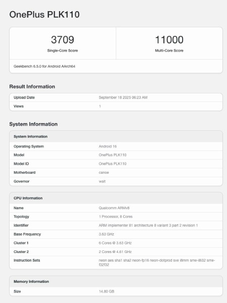 OnePlus 15 with Snapdragon 8 Elite Gen 5 Geekbench