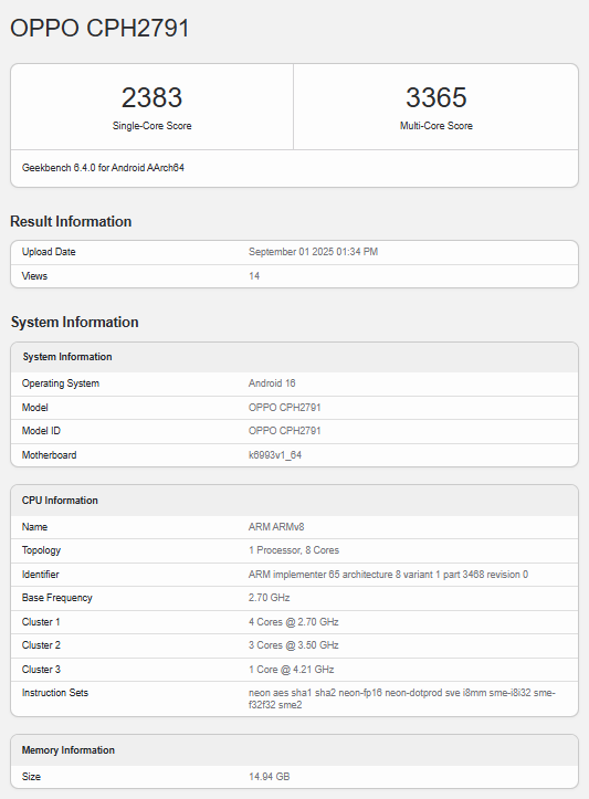 Oppo Find X9 / X9 Pro Geekbench