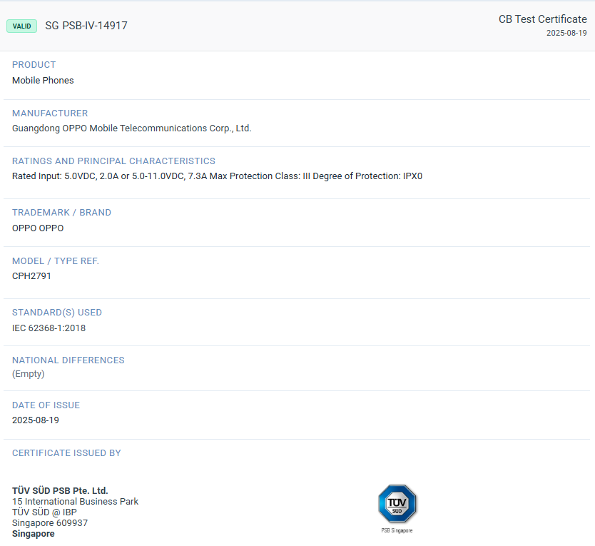 Oppo Find X9 / X9 Pro TUV listing