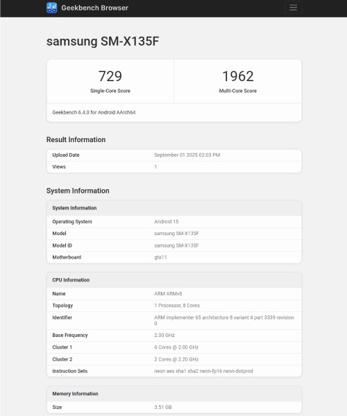Samsung Galaxy Tab A11 Geekbench benchmark