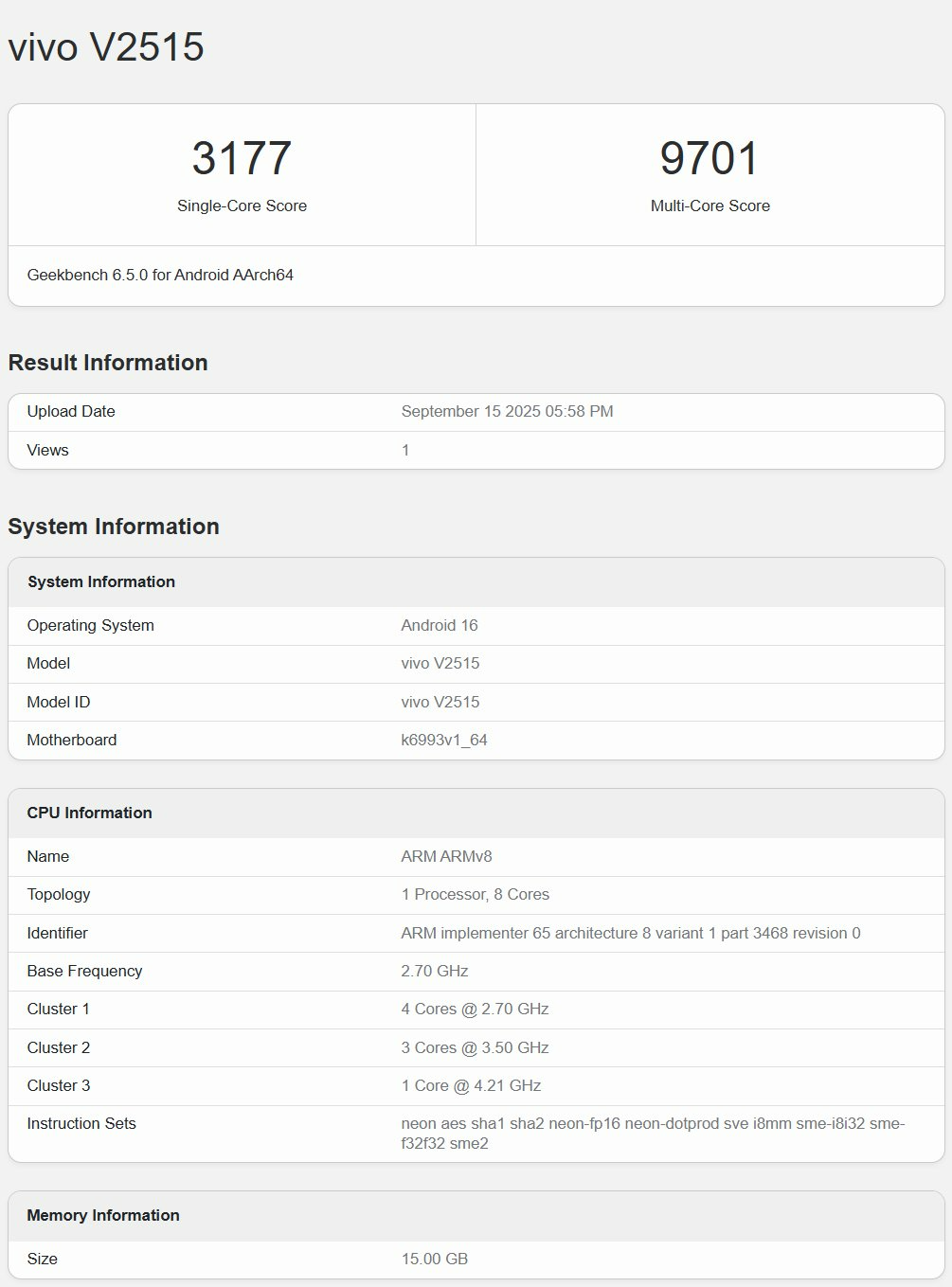 Vivo X300 Geekbench listing