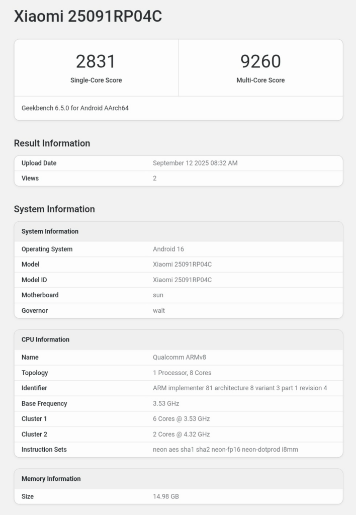 Xiaomi Pad 8 Pro Geekbench