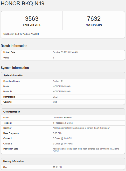 Honor Magic 8 Pro (global) Geekbench