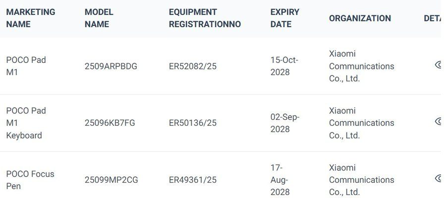 Poco Pad M1 TDRA listing