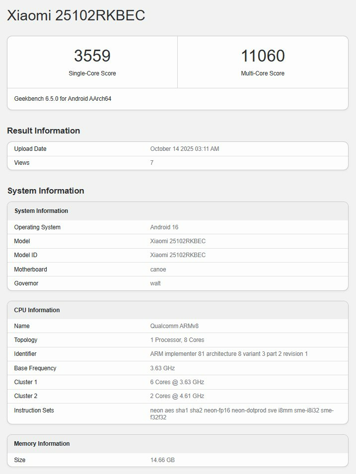 Redmi K90 Pro Geekbench listing
