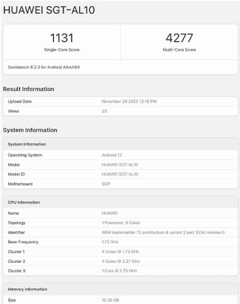 Hasil tes Geekbench chipset Kirin 9030 Huawei menunjukkan konfigurasi CPU 9-core