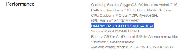 OnePlus 15 LPDDR5X Ultra