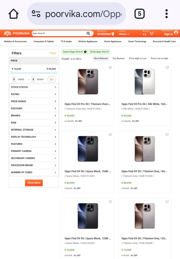 Oppo Find X9 series Poorvika listing